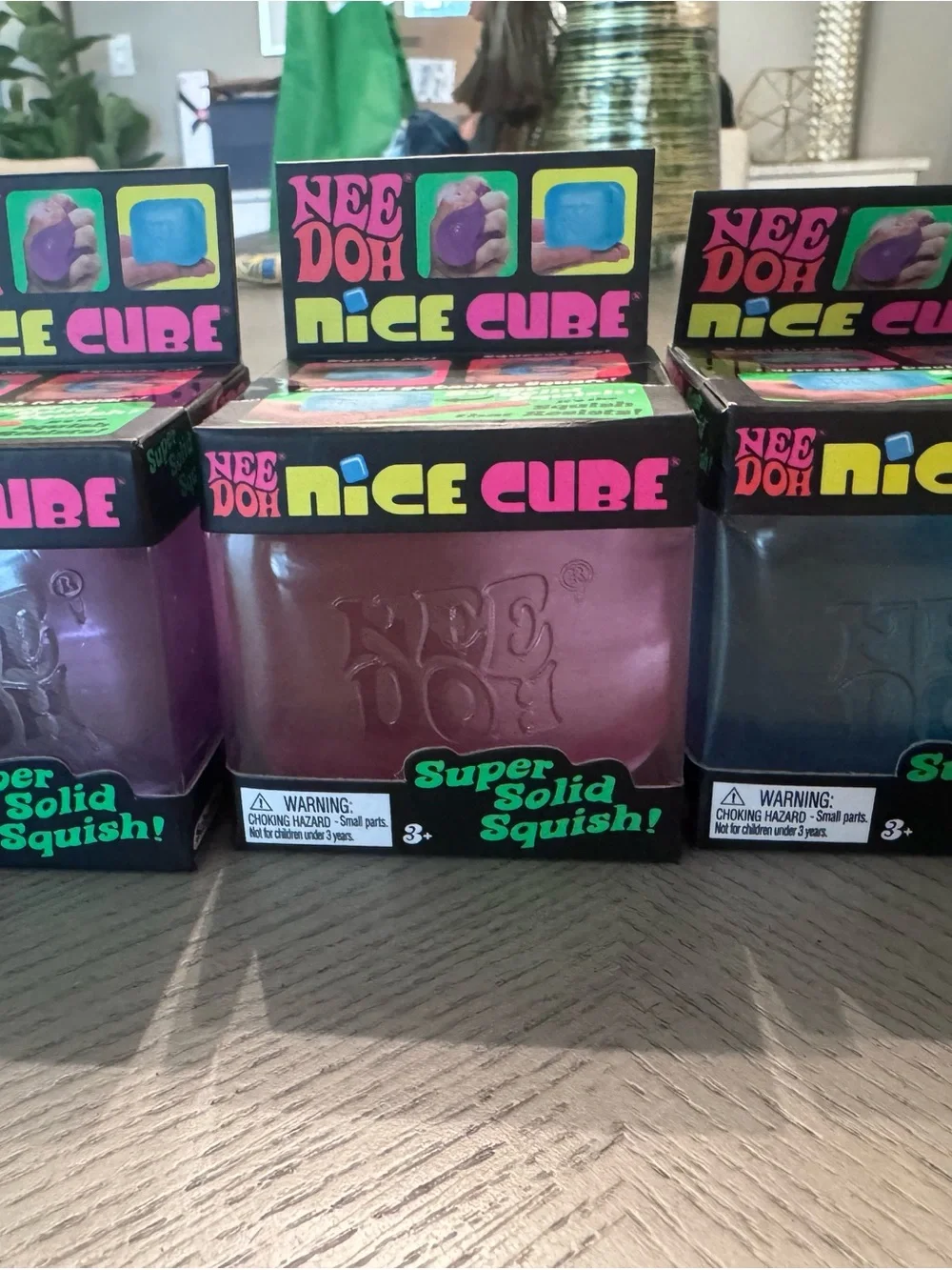 Needoh Nice Cube Super Solid Squish Toy - 3 Pack Purple, blue and pink